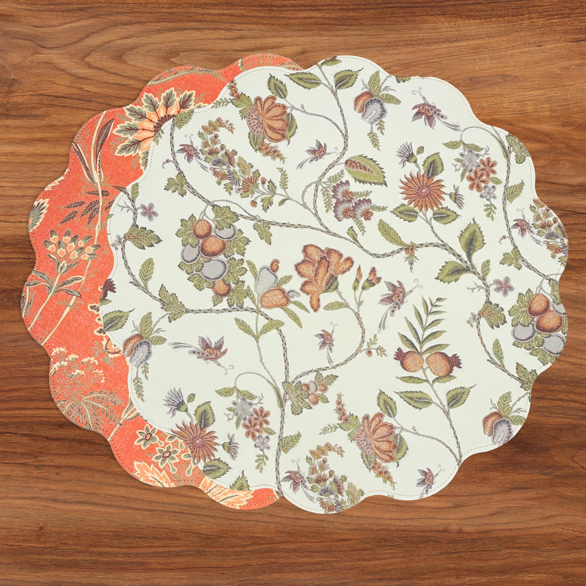 VIDA Autumn and Branches Reversible Round Placemats Set of 4 (Persimmon & Green)