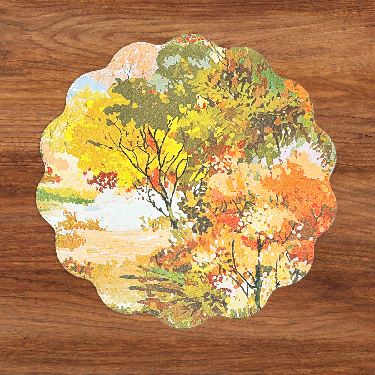 VIDA Fall Trees and Wood Grain Reversible Round Placemats Set of 4 (Orange & Green)