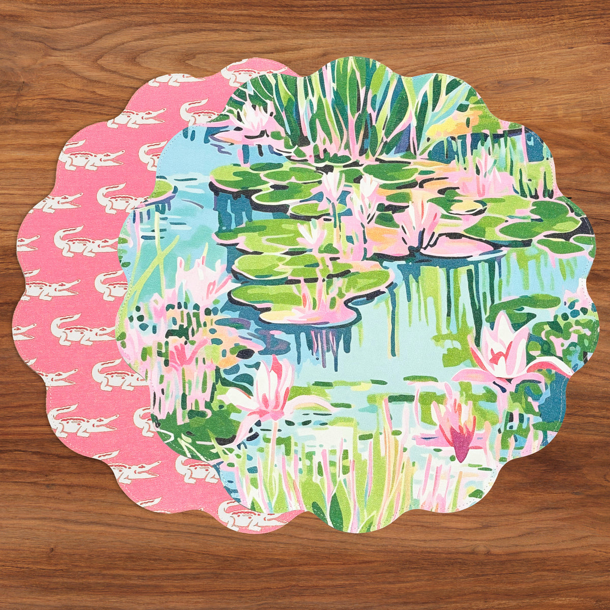 VIDA Everglades and Crocs Reversible Round Placemats Set of 4 (Pink & Green)