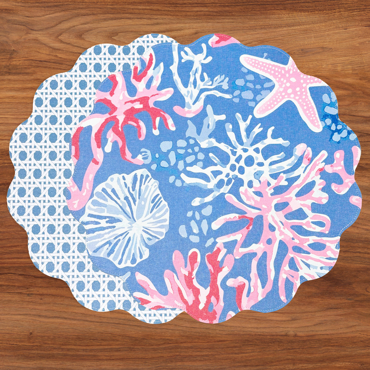 VIDA Sealife and Rattan Reversible Round Placemats Set of 4 (Blue & Pink)