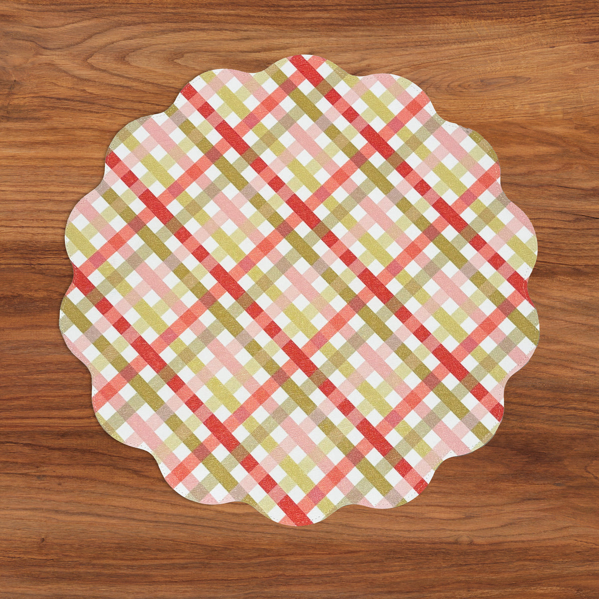 VIDA Pagoda and Carlie Plaid Reversible Round Placemats Set of 4 (Red and Orange)