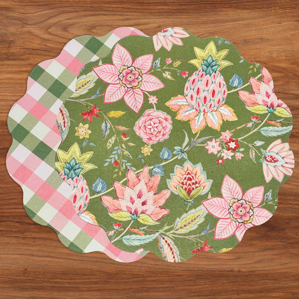 VIDA Tropical Floral and Preppy Plaid Reversible Round Placemats Set of 4 (Pink & Green)