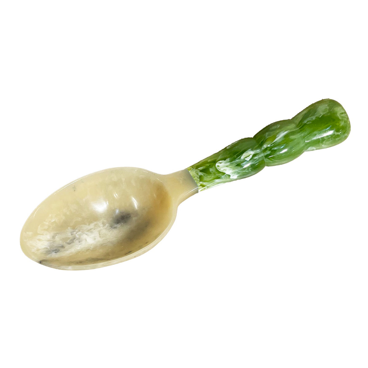 Resin ice scoop with a green handle on a white background