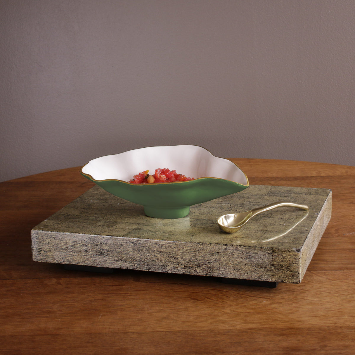 ENCANTO Claire Small Oval Bowl with Spoon (Leaf Green and White)