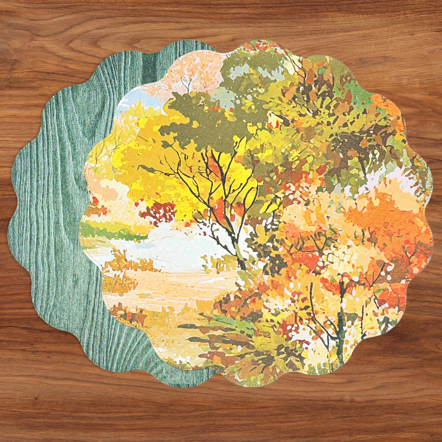 VIDA Fall Trees and Wood Grain Reversible Round Placemats Set of 4 (Orange &amp; Green)