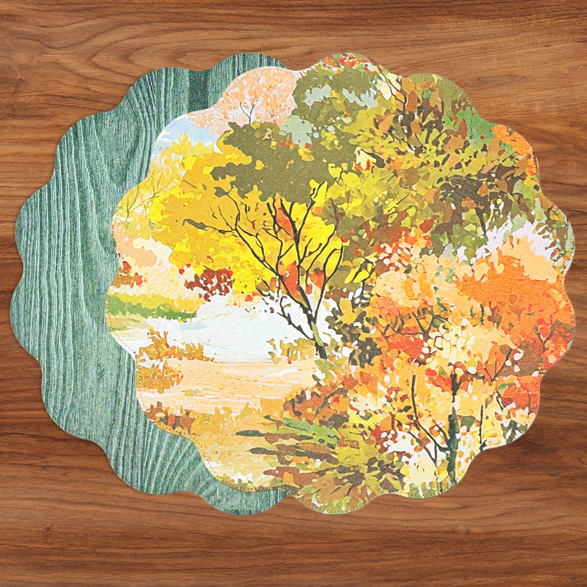 VIDA Fall Trees and Wood Grain Reversible Round Placemats Set of 4 (Orange &amp; Green)
