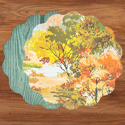 VIDA Fall Trees and Wood Grain Reversible Round Placemats Set of 4 (Orange &amp; Green)