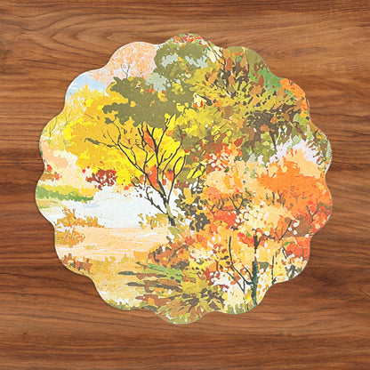 VIDA Fall Trees and Wood Grain Reversible Round Placemats Set of 4 (Orange &amp; Green)