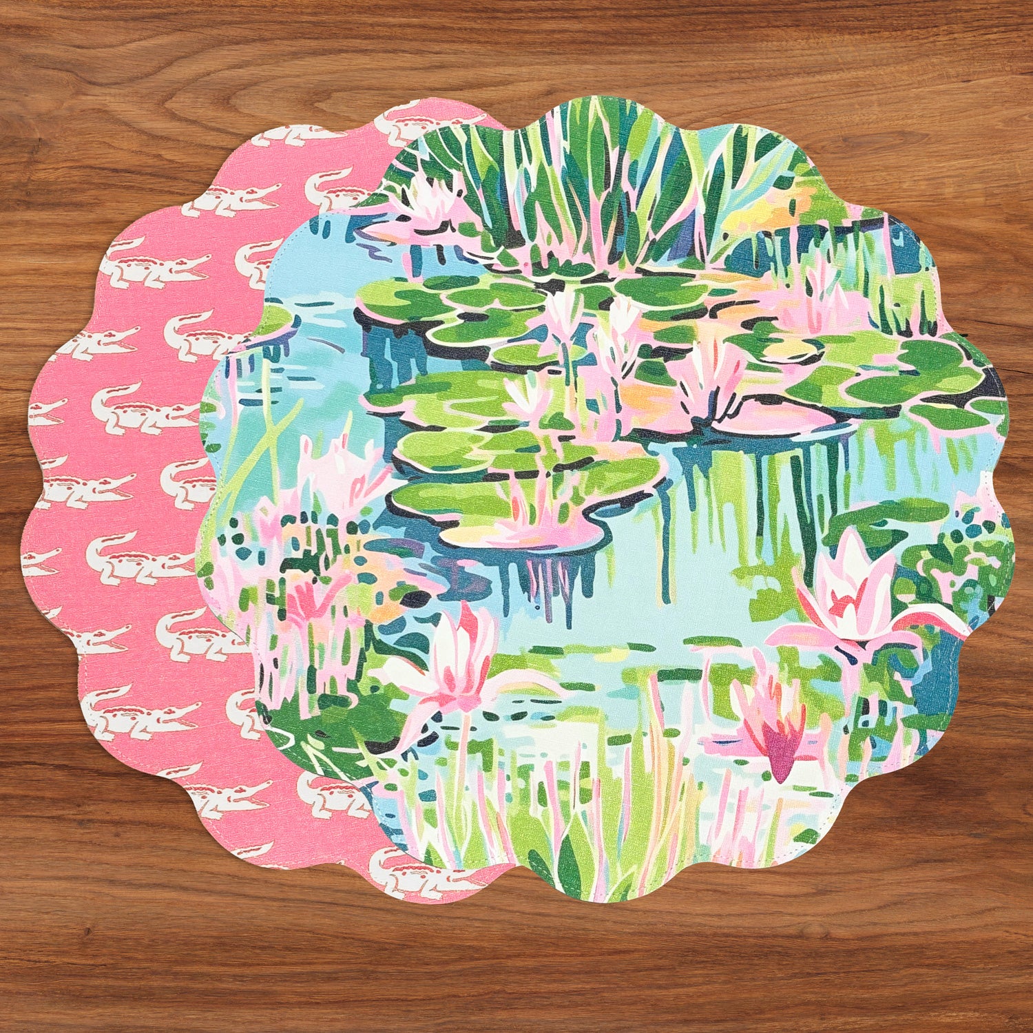 VIDA Everglades and Crocs Reversible Round Placemats Set of 4 (Pink &amp; Green)