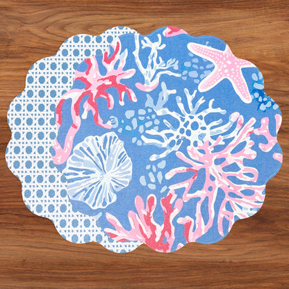 VIDA Sealife and Rattan Reversible Round Placemats Set of 4 (Blue &amp; Pink)