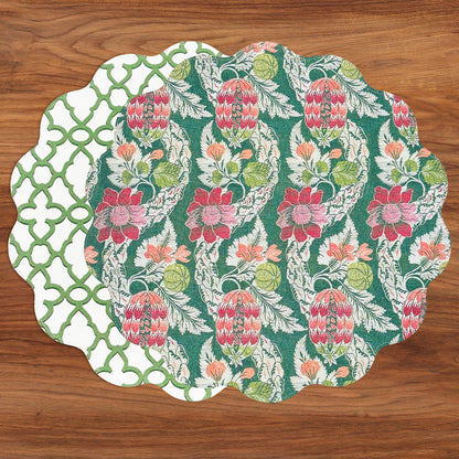 VIDA Laurent and Trellis Reversible Round Placemats Set of 4 (Green &amp; White)
