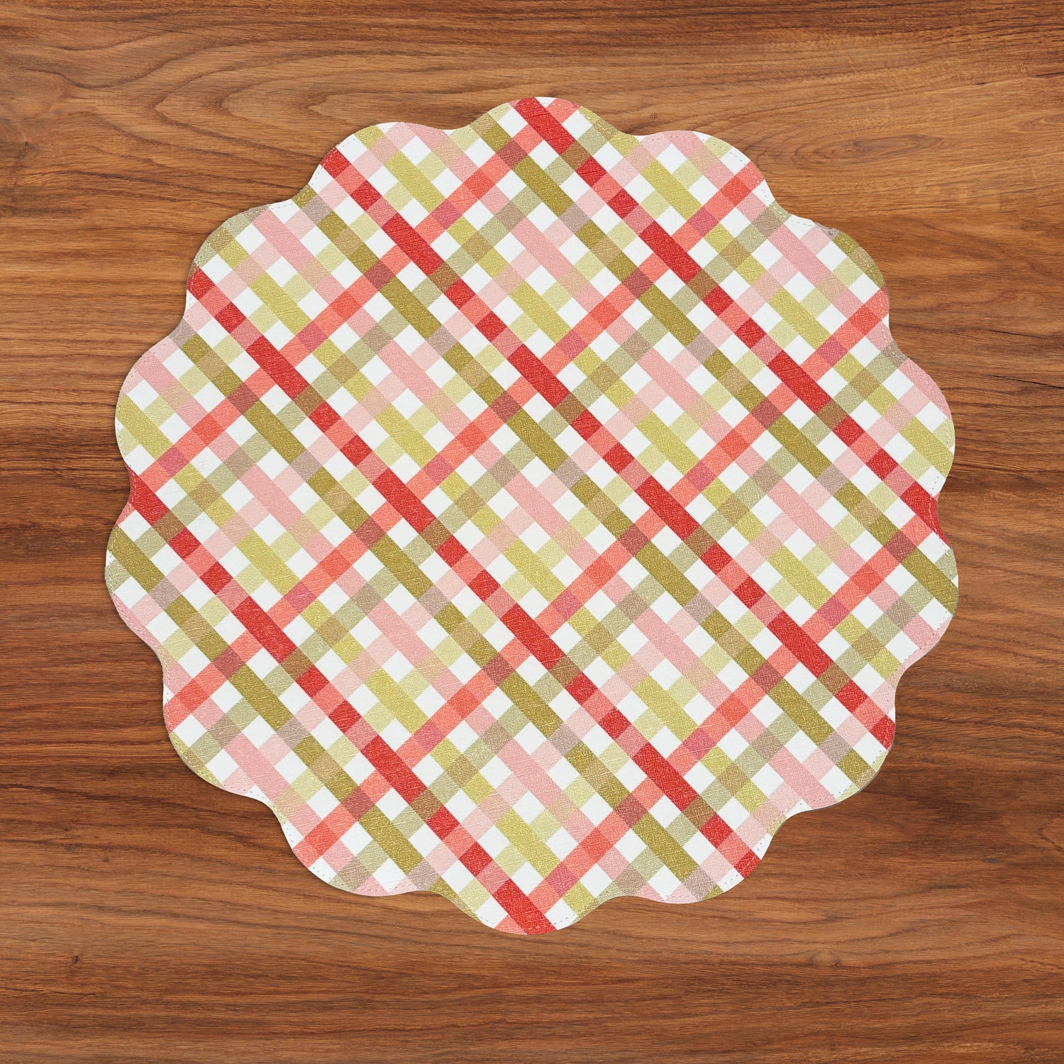 VIDA Pagoda and Carlie Plaid Reversible 15.5 Round Placemats Set of 4 (Red &amp; Orange)