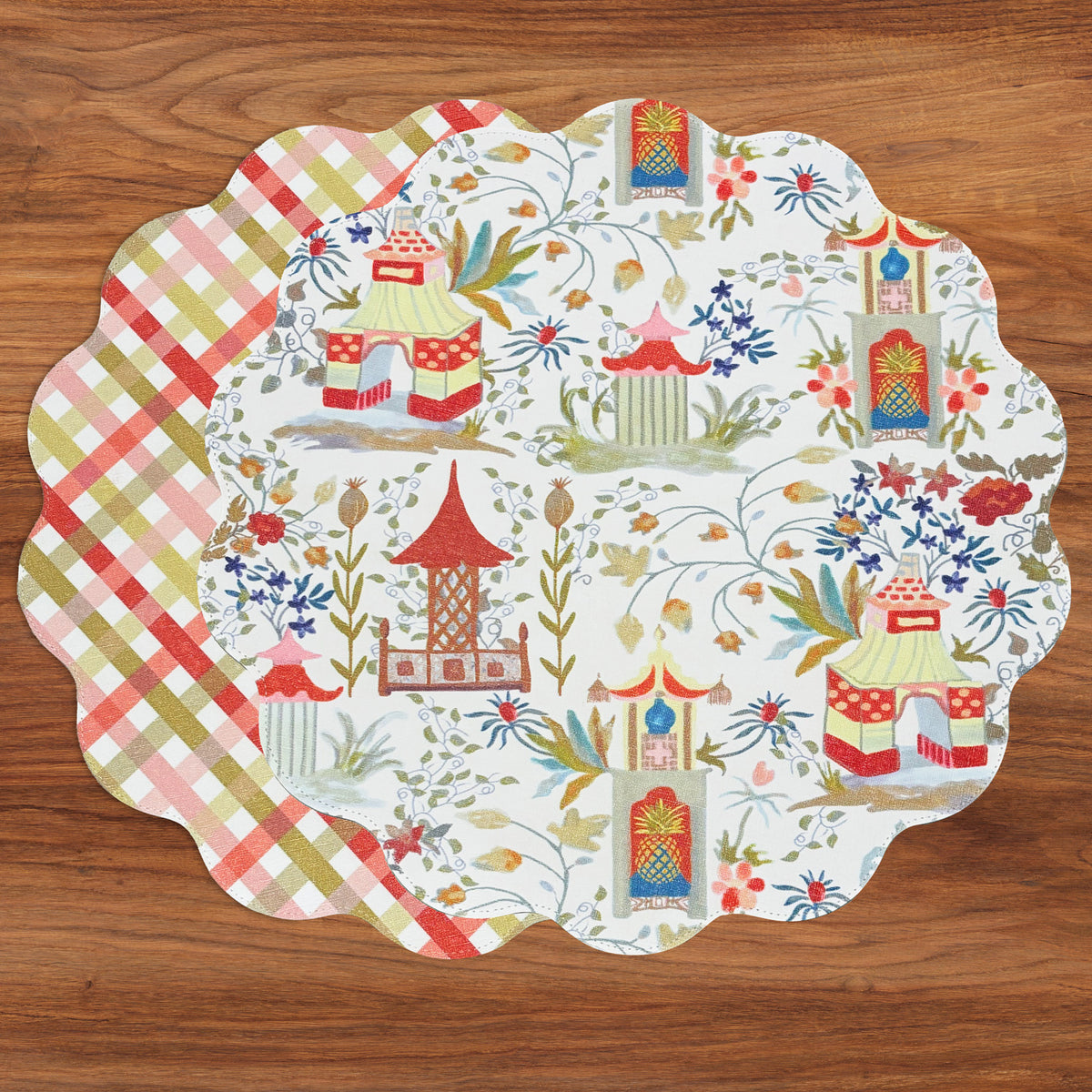 VIDA Pagoda and Carlie Plaid Reversible Round Placemats Set of 4 (Red and Orange)