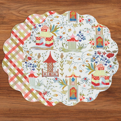 VIDA Pagoda and Carlie Plaid Reversible 15.5 Round Placemats Set of 4 (Red &amp; Orange)