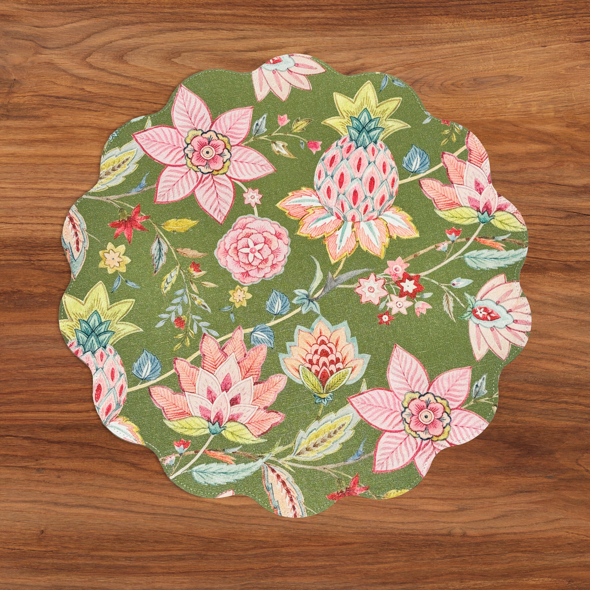 VIDA Tropical Floral and Preppy Plaid Reversible Round Placemats Set of 4 (Pink &amp; Green)