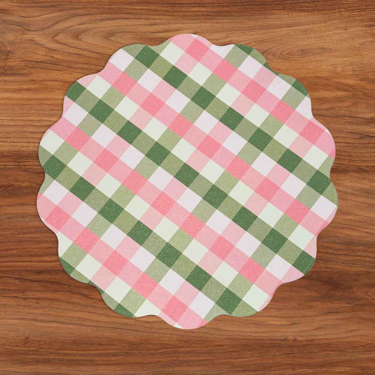 VIDA Tropical Floral and Preppy Plaid Reversible Round Placemats Set of 4 (Pink &amp; Green)