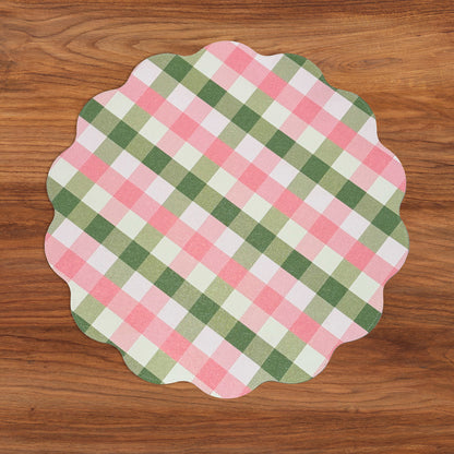 VIDA Tropical Floral and Preppy Plaid Reversible Round Placemats Set of 4 (Pink &amp; Green)