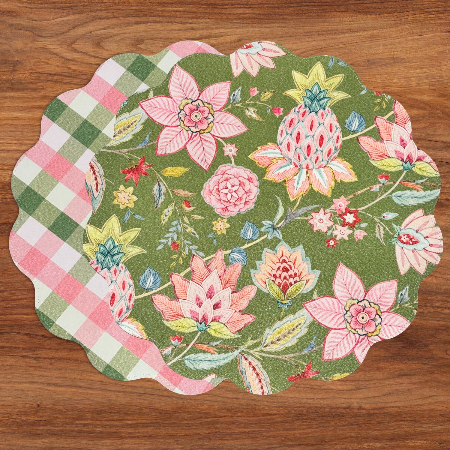 VIDA Tropical Floral and Preppy Plaid Reversible Round Placemats Set of 4 (Pink &amp; Green)