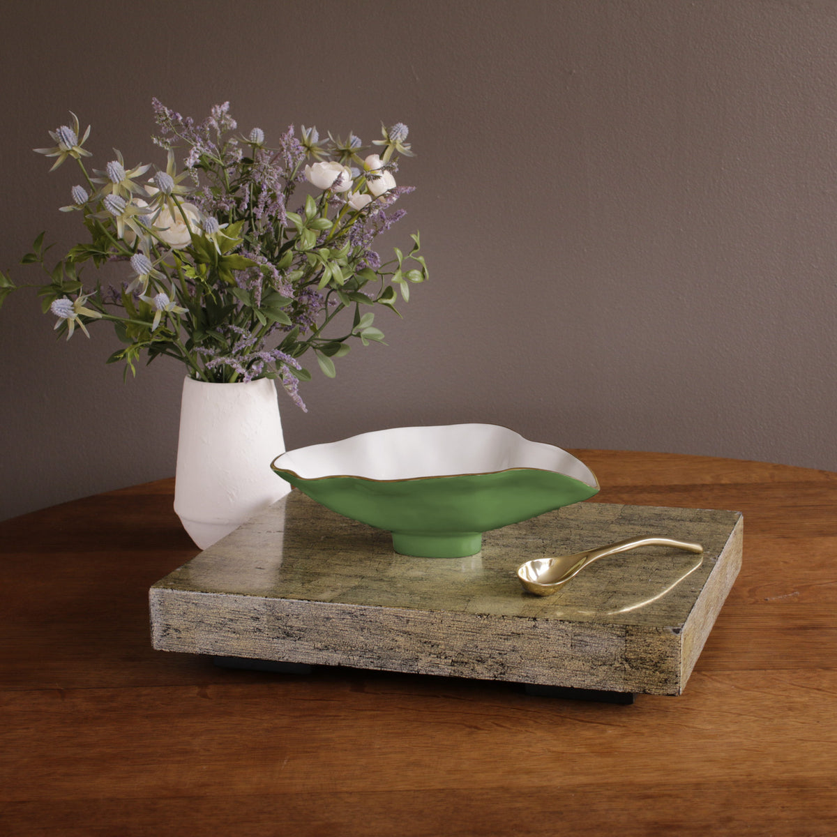 ENCANTO Claire Small Oval Bowl with Spoon  (Leaf Green and White)