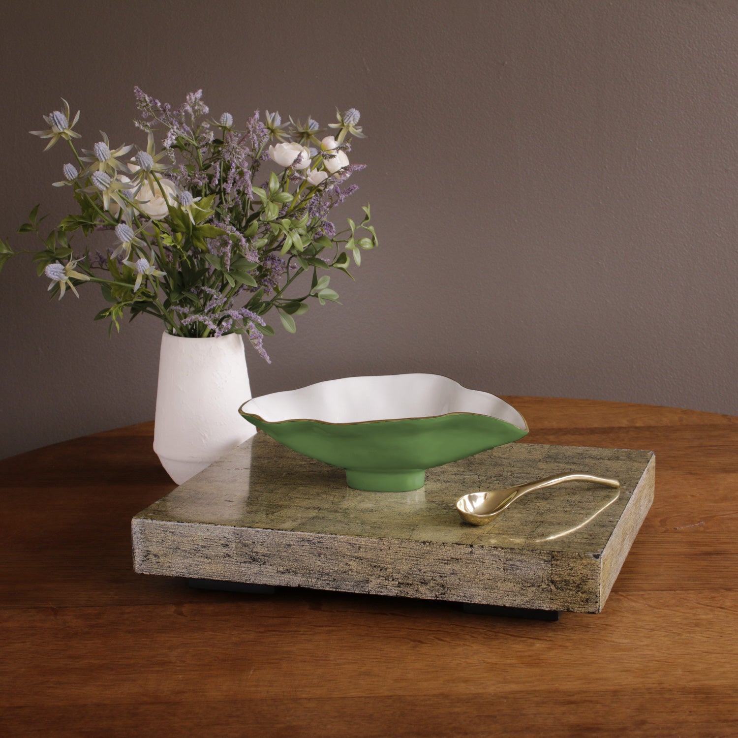 ENCANTO Claire Small Oval Bowl with Spoon  (Leaf Green and White)